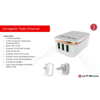 CARREGADOR DE PAREDE XTRAX UNIVERSAL 3 USB BRANCO