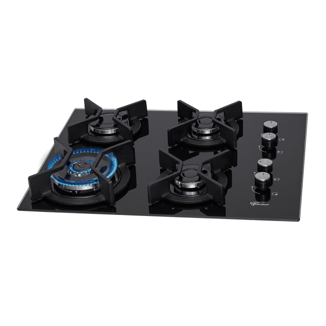 Cooktop a Gás Fischer 4 Bocas Tripla Chama Infinity com Trempe de ferro fundido Mesa Vidro Bivolt
